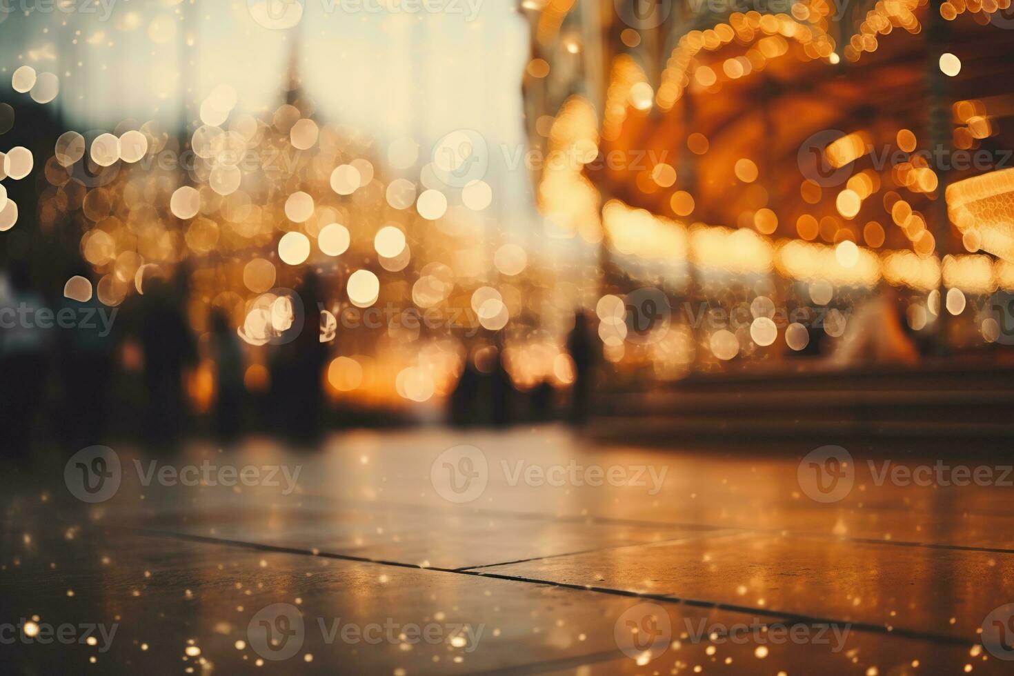 Evening amusement park, golden bokeh. Blurred amusement park background. Generated by artificial intelligence photo