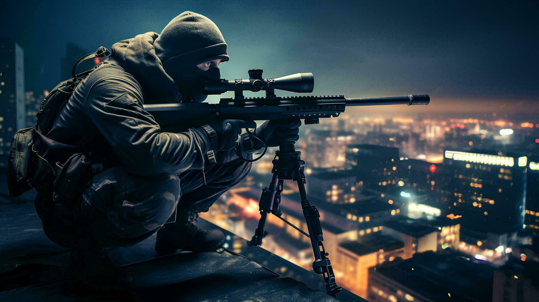 a sniper in the city at night, AI Generative photo