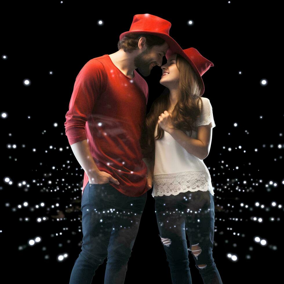 romantic young couple wearing Santa Claus hats, AI Generative photo
