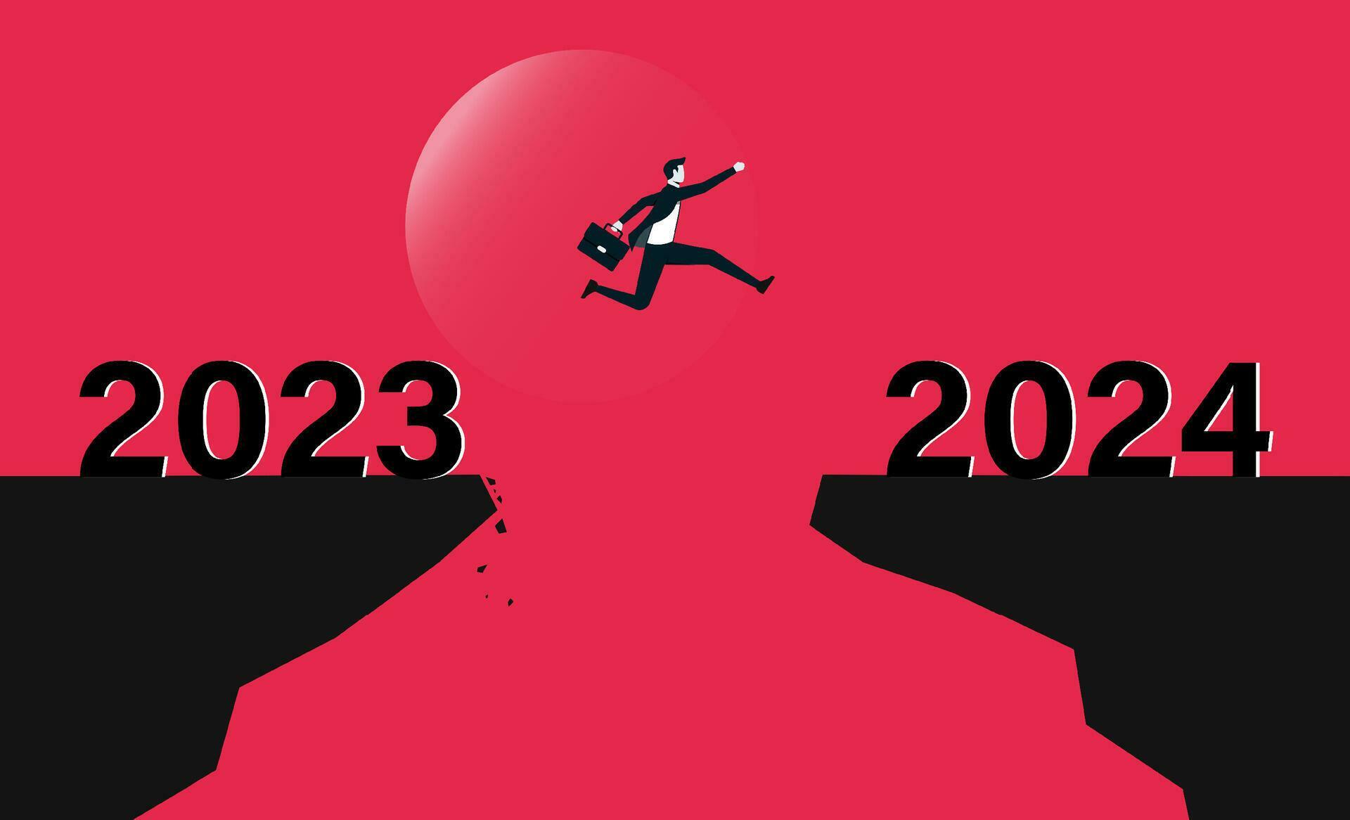 Businessman jumping between 2023 to 2024, People enters the new year