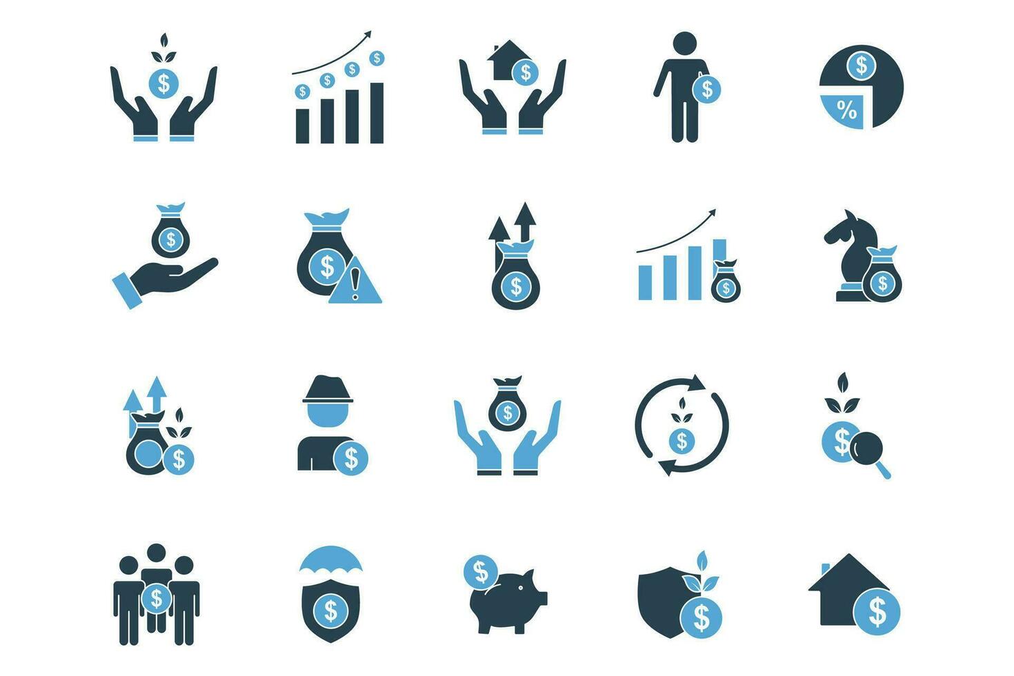 investment icon set. icon related to investments and financial concepts. profit, asset, dividend, inflation, growth, strategy, analyst, etc. solid icon style. Simple vector design editable