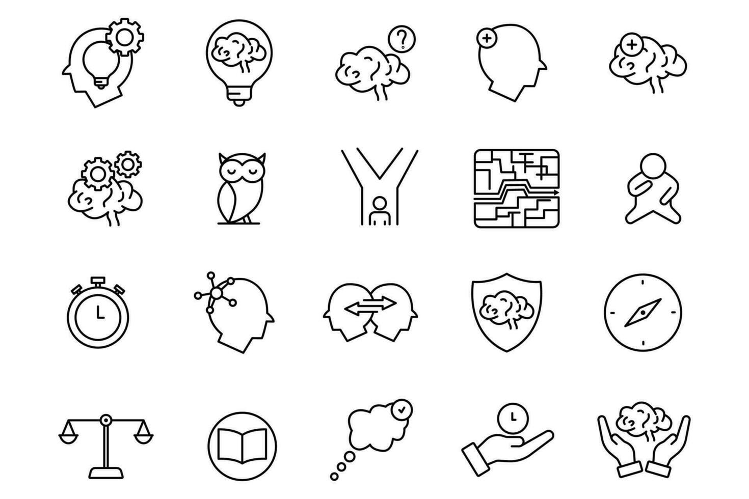 critical thinking icon set. critical, thinking, idea, think, brain, question, mindset, owl, etc. line icon style. Simple vector design editable