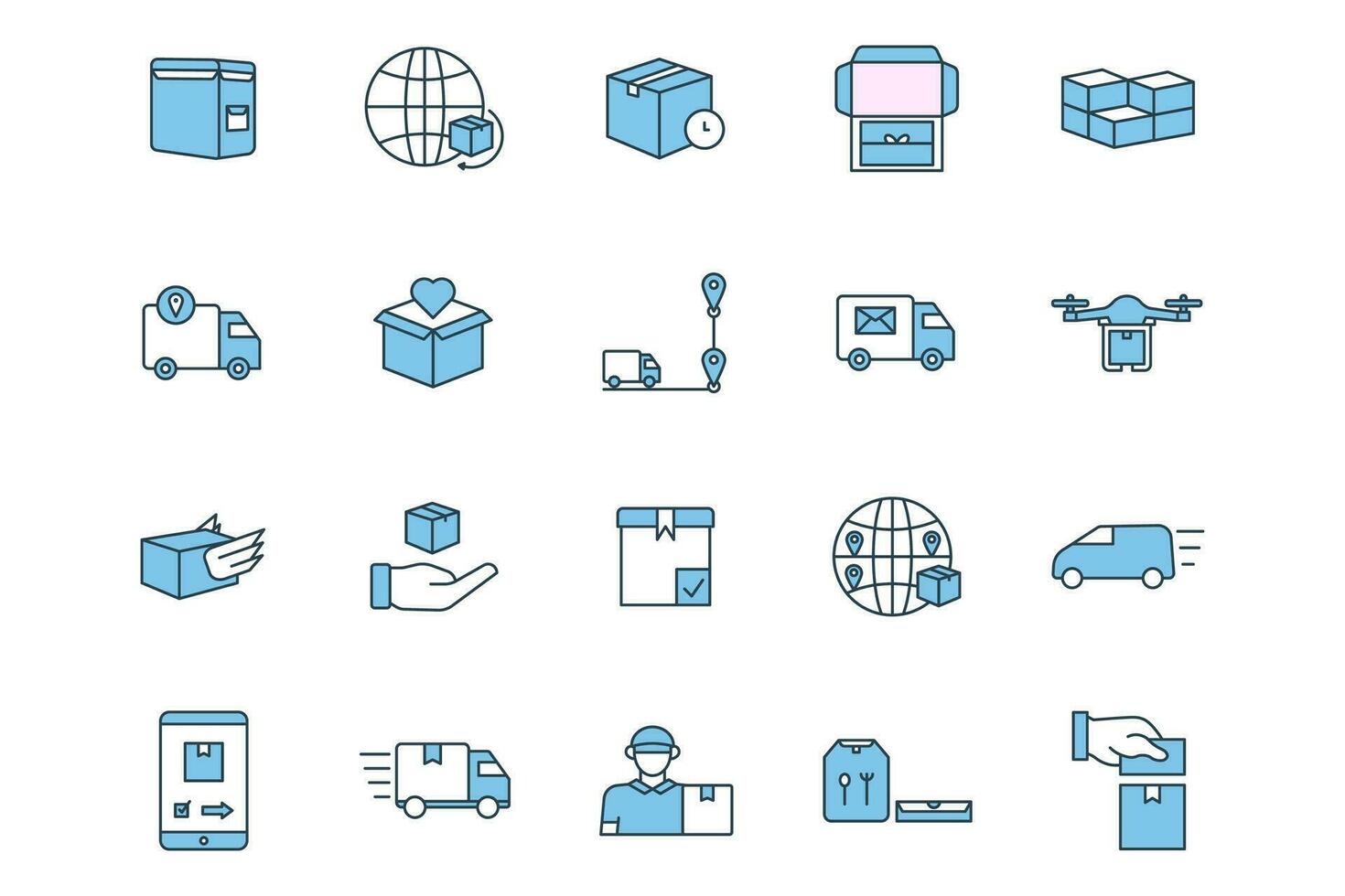 delivery icon set. delivery, bag, international, shipping, unboxing, package, stack, packages, tracking, progress, etc. flat line icon style. simple vector design editable