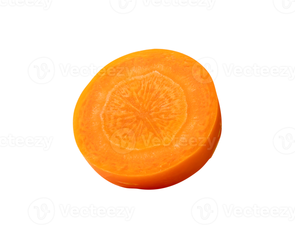 Top view of Single fresh beautiful orange carrot slice isolated with clipping path png