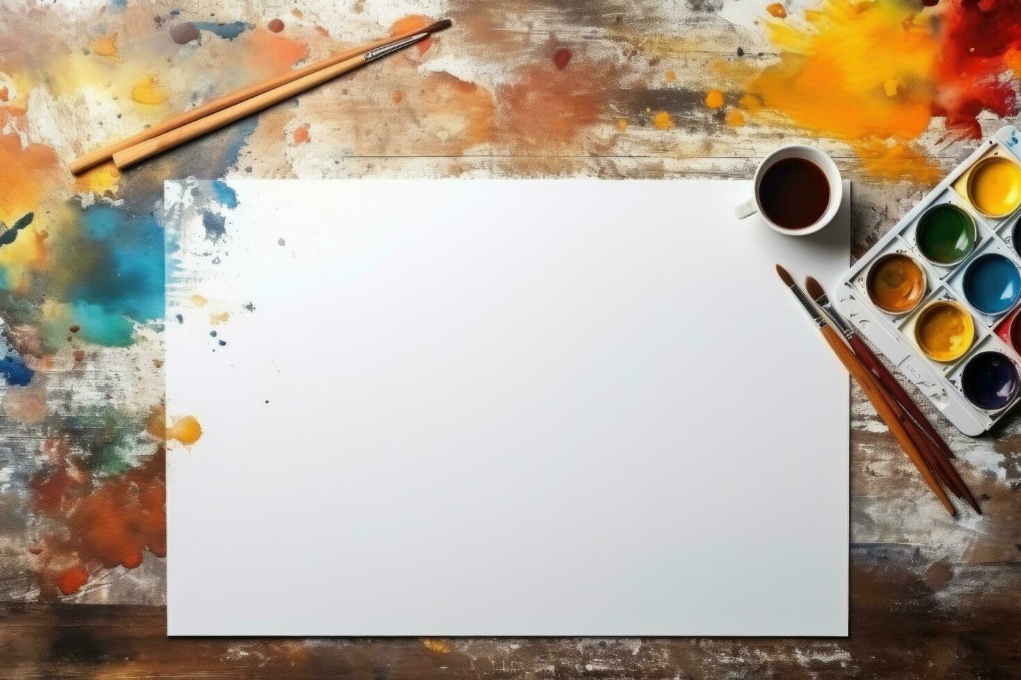 Blank sheet for drawing with paints and brushes on a colorful background. Art. Generated by artificial intelligence photo