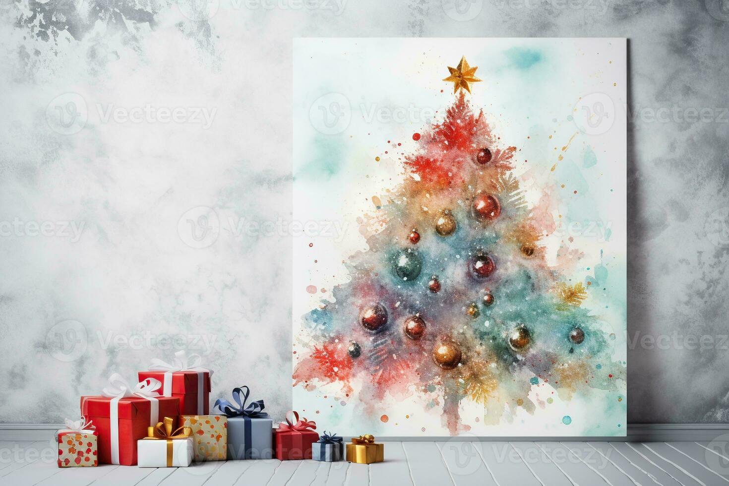 Boxes with gifts under a Christmas tree painted on the wall with watercolors. Christmas greeting card. Generated by artificial intelligence photo