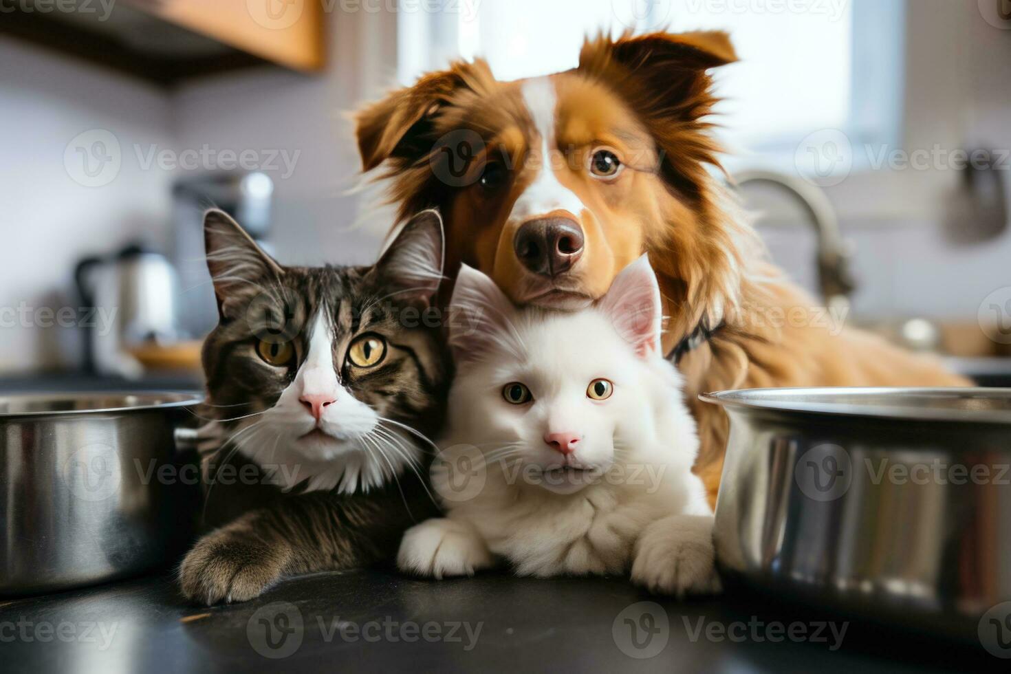 Pets in the kitchen near empty bowls beg for food. Created using artificial intelligence. photo