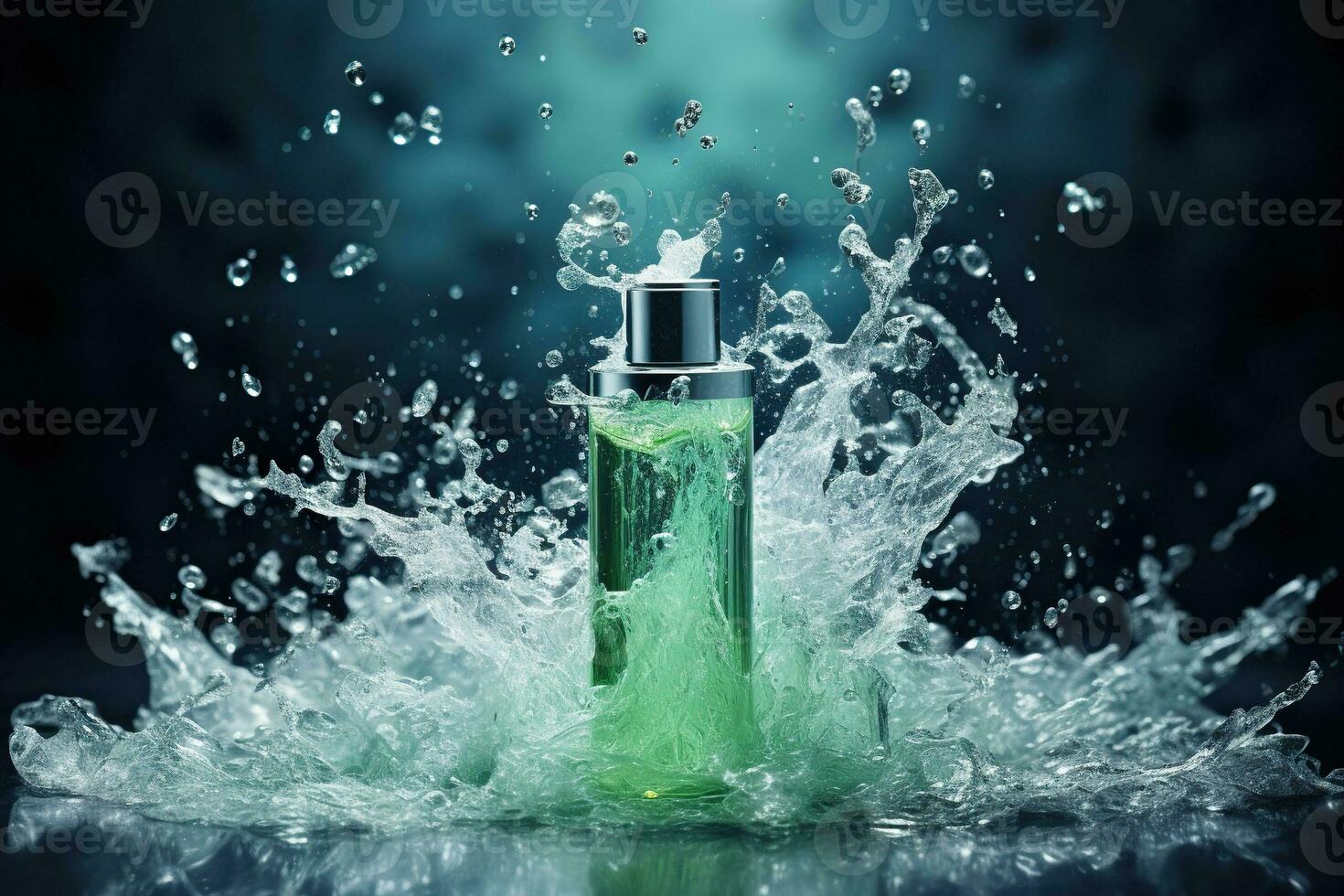 Glass tall bottle of perfume surrounded by splashes of water. Fresh aroma. Fashionable luxury perfume. Generated by artificial intelligence photo