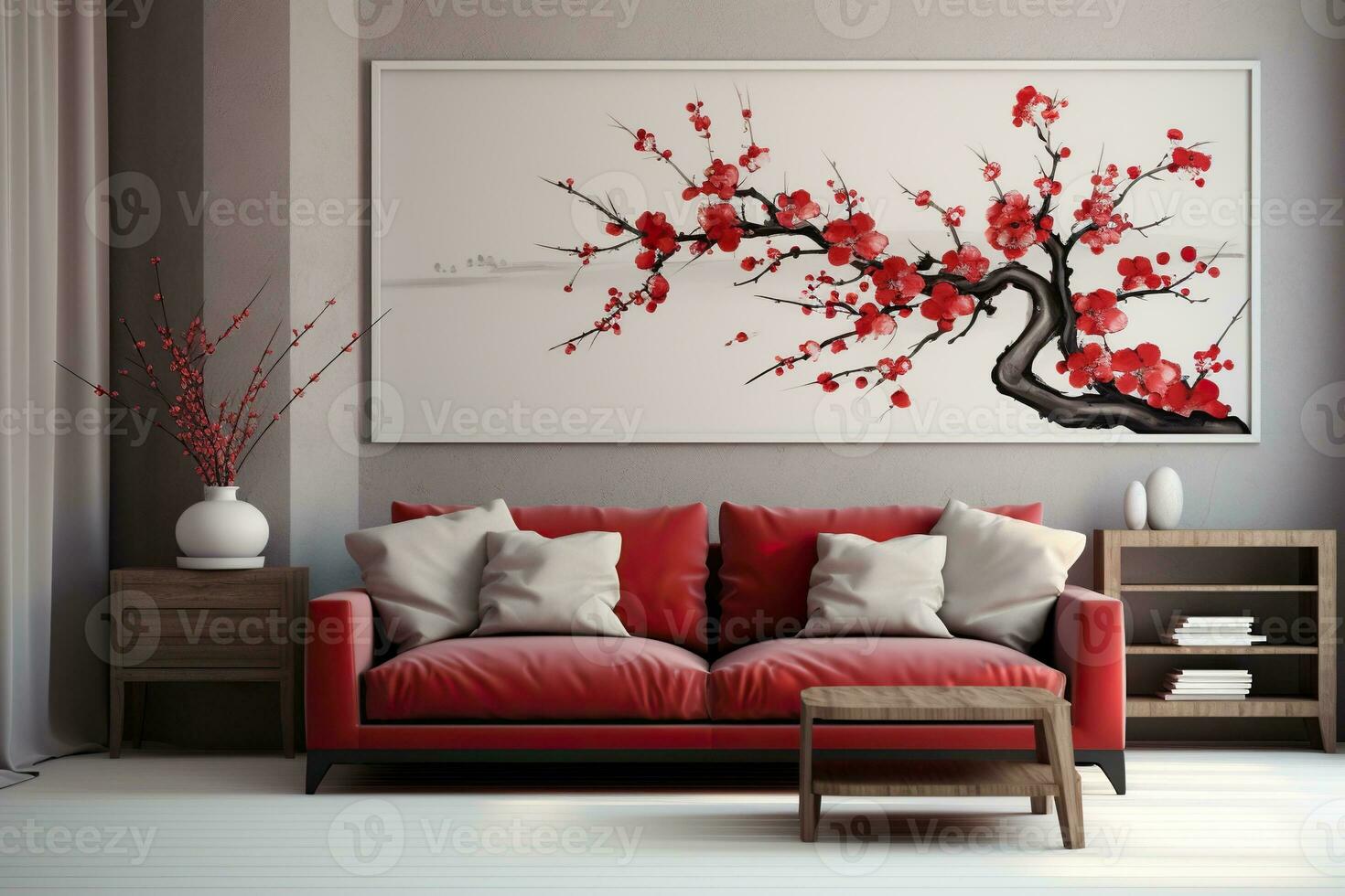 Modern living room interior with a red sofa and a painted sakura branch on the wall. Generated by artificial intelligence photo