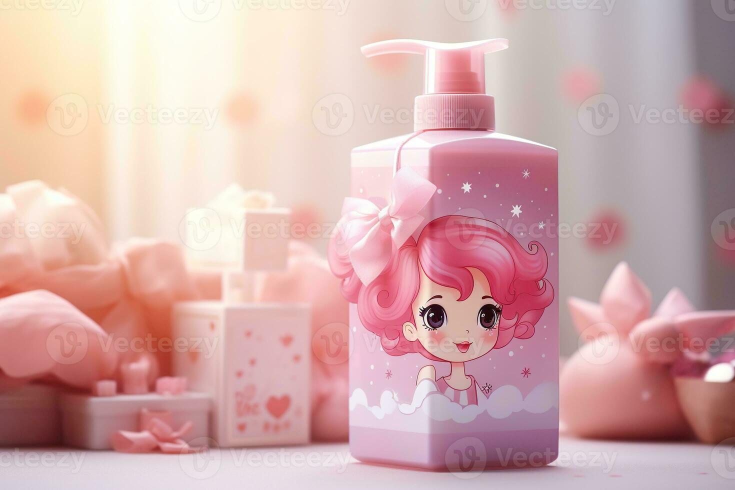 Bottles of baby skin care cosmetics. Bottles of baby skin care cosmetics. Skin care cosmetics for little girls. Generated by artificial intelligence photo