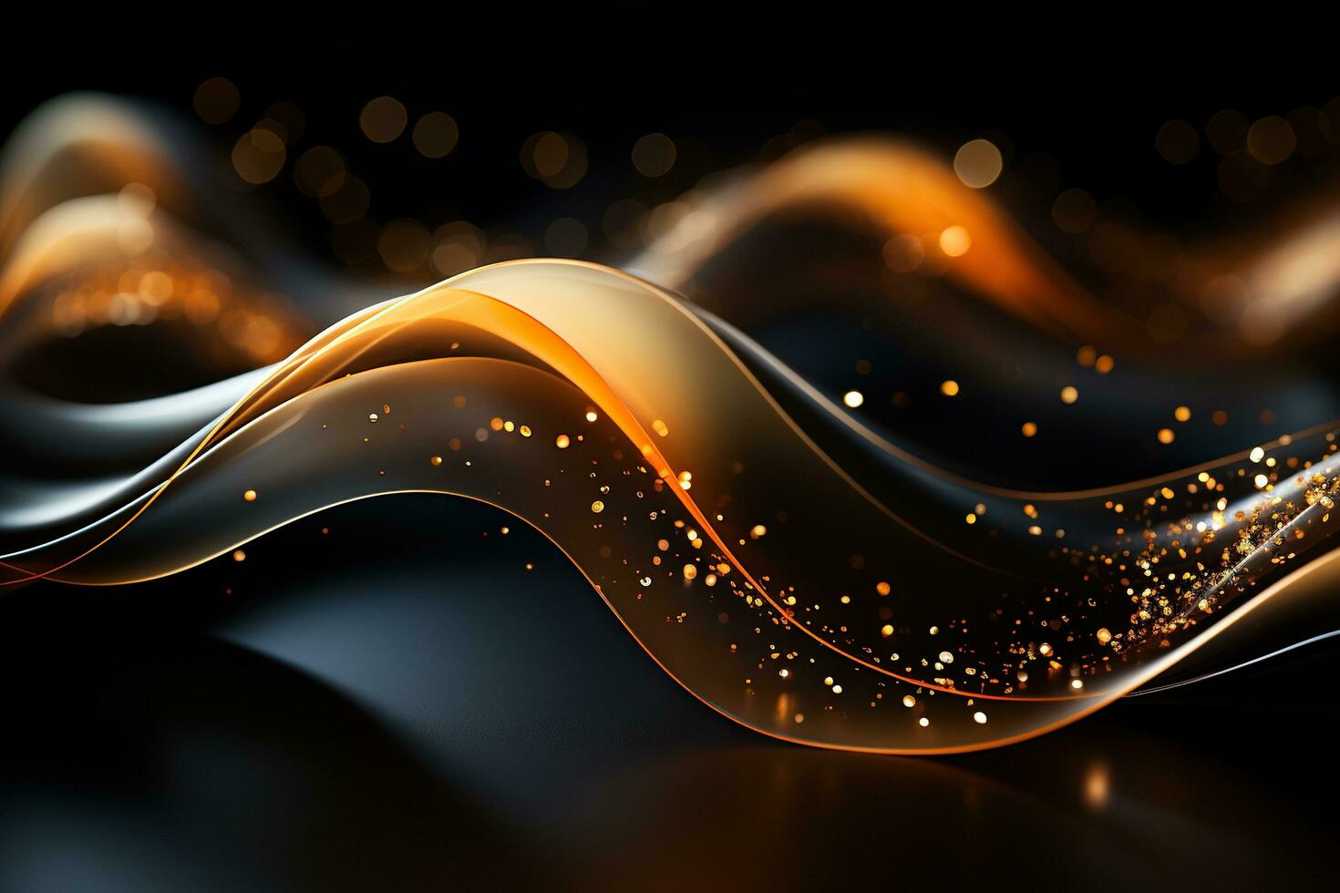 Elegant golden wave curve with golden bokeh. Place for text on dark background. Generated by artificial intelligence photo
