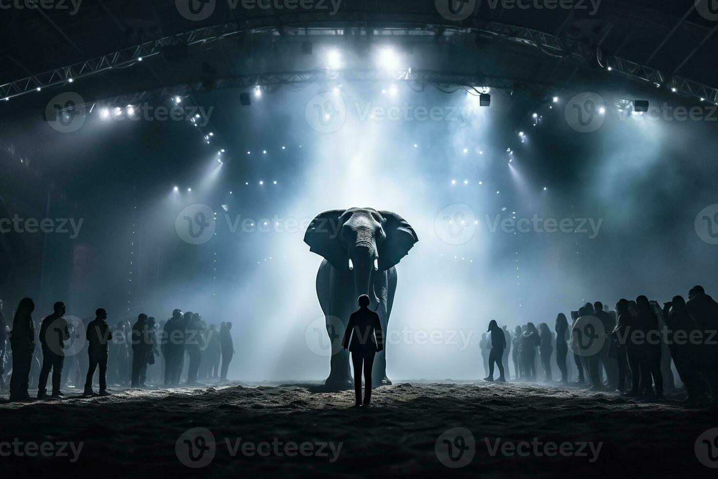 Silhouette of a large elephant and a small man in the arena. Circus performance concept. Generated by artificial intelligence photo