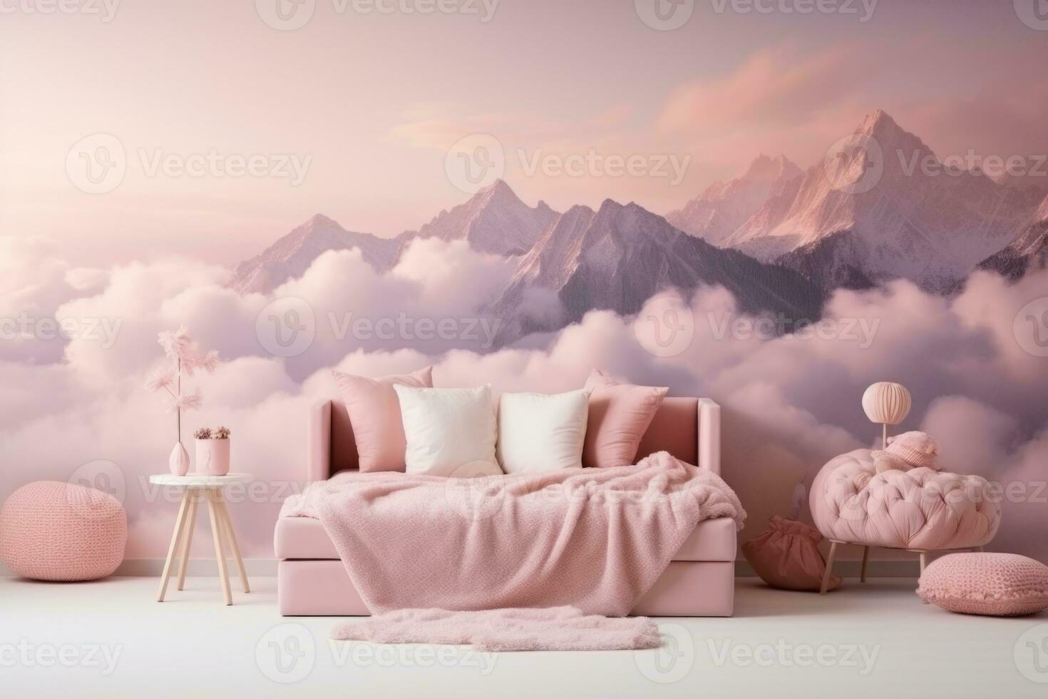 Bedroom in pink tones with a pink sofa against a wall with fluffy pink clouds and mountains. Home comfort. Generated by artificial intelligence photo