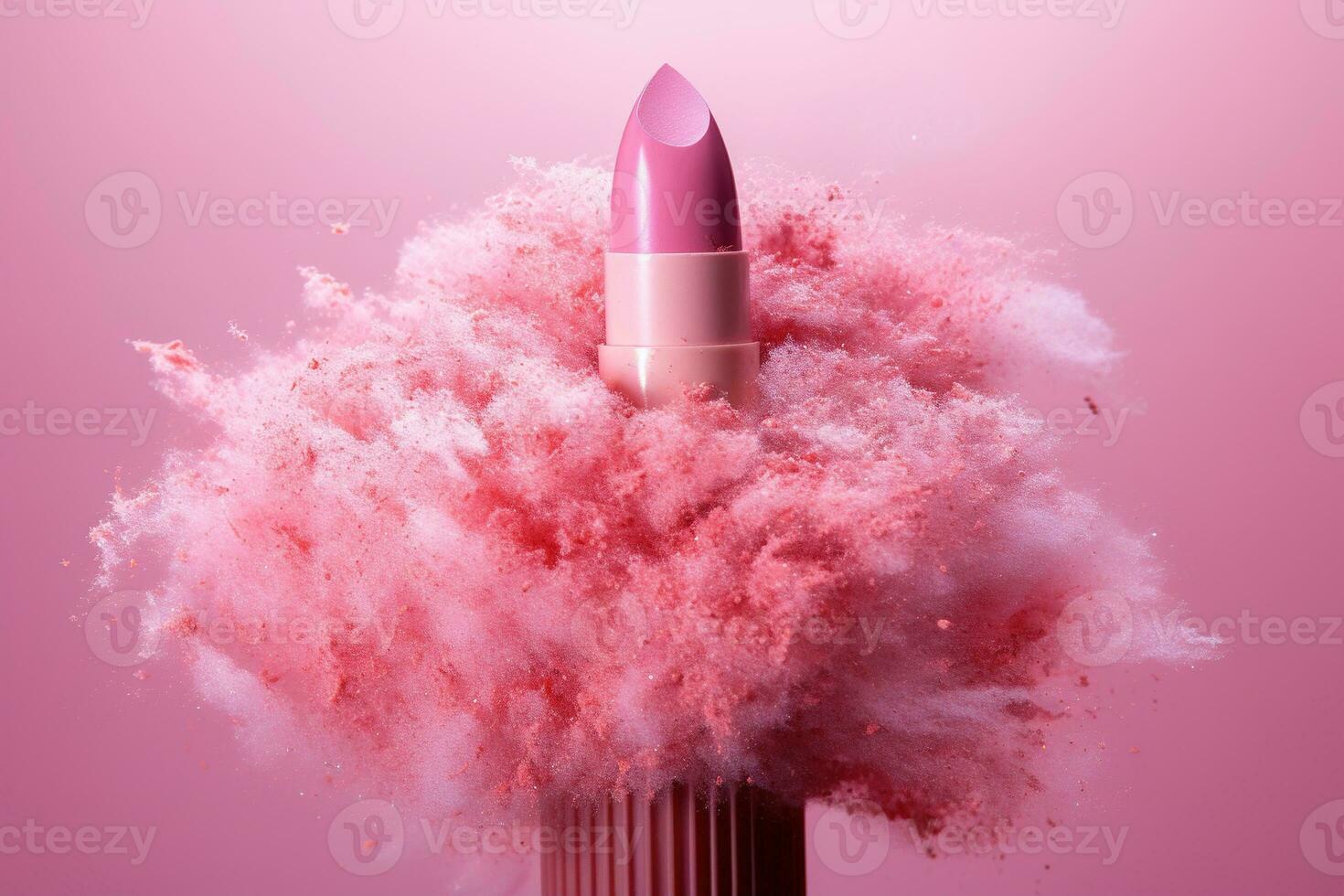 Pink lipstick in a fluffy pink cloud with glitter on a pink background. Makeup product. Generated by artificial intelligence photo