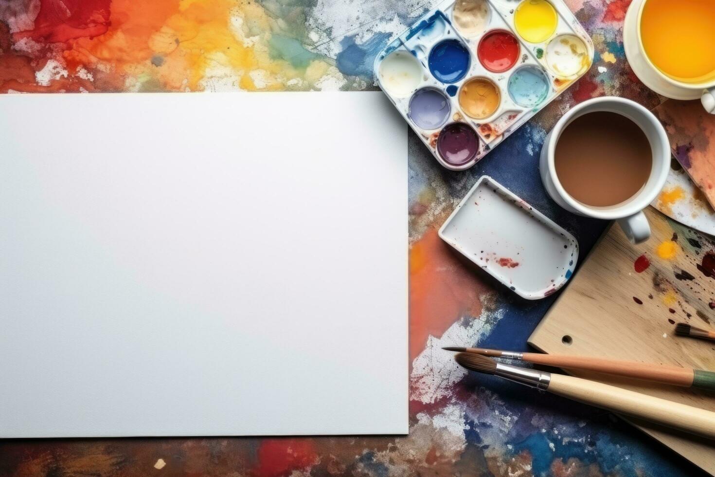 Blank sheet for drawing with paints and brushes on a colorful background. Art. Generated by artificial intelligence photo