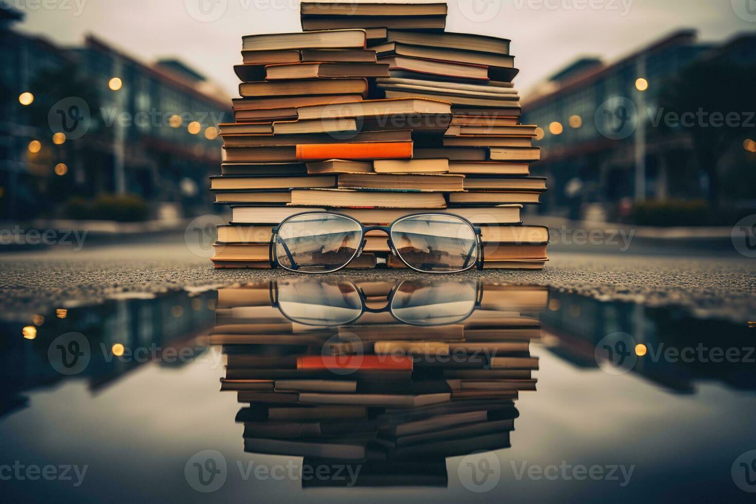 A stack of books and glasses near a puddle on the asphalt. Beautiful evening lighting. Education and knowledge concept. Generated by artificial intelligence photo