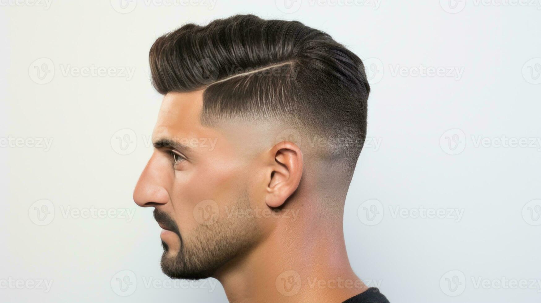 Low fade machine haircut for handsome bearded man on white background. Hair cut with a smooth transition. AI Generative. photo