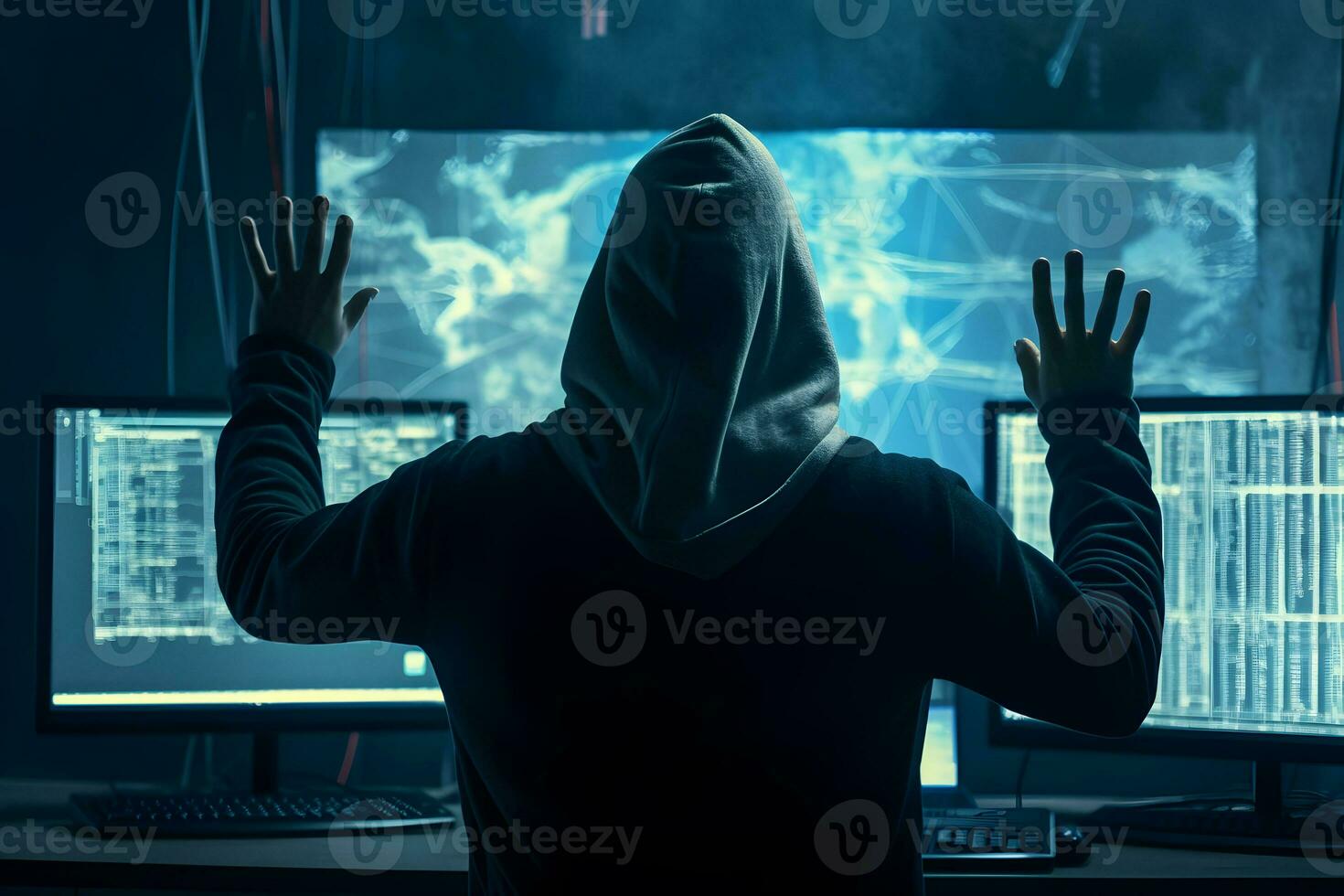 Anonymous hacker raising hands. Arrested scammers. AI generated photo