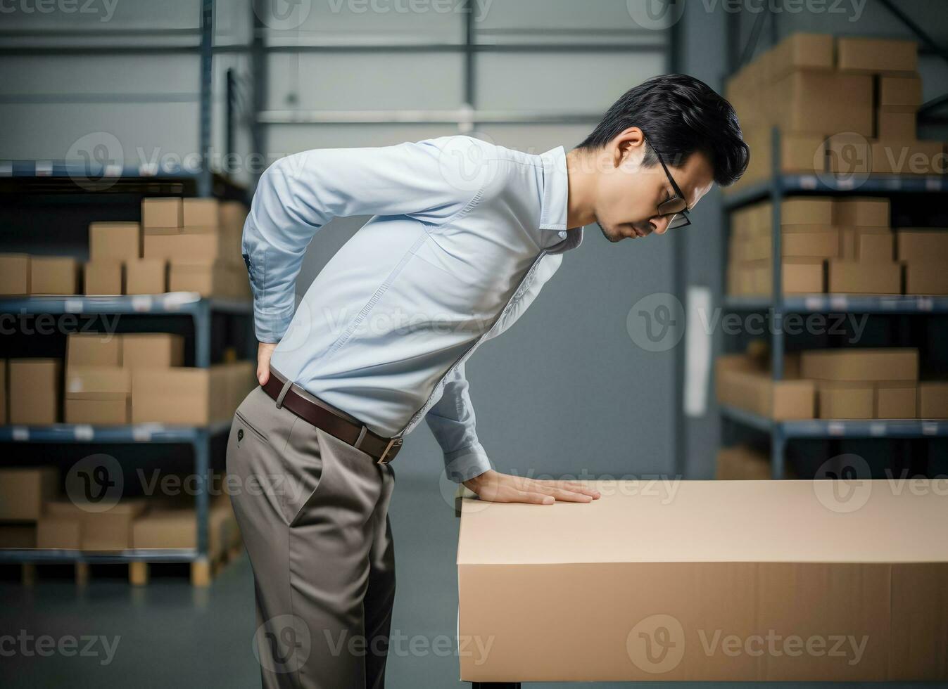 Asian man suffering from back pain due to lifting weight. AI generative photo
