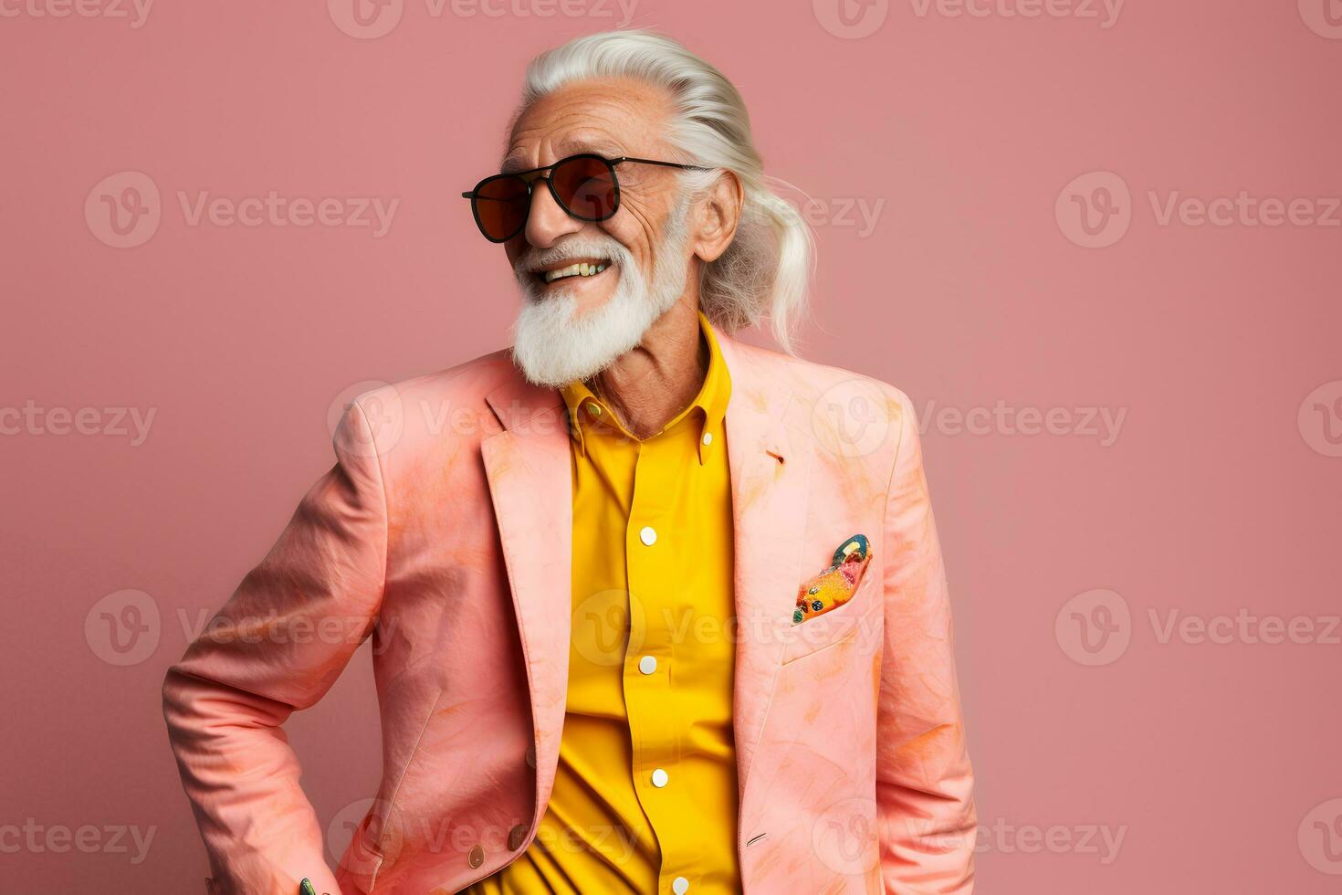 Fashionable elderly man having fun in studio. AI generative photo