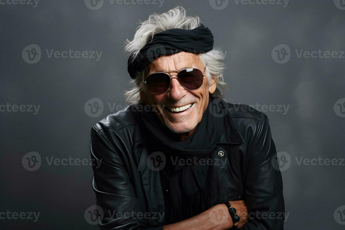 Fashionable elderly man in studio background. AI generative photo