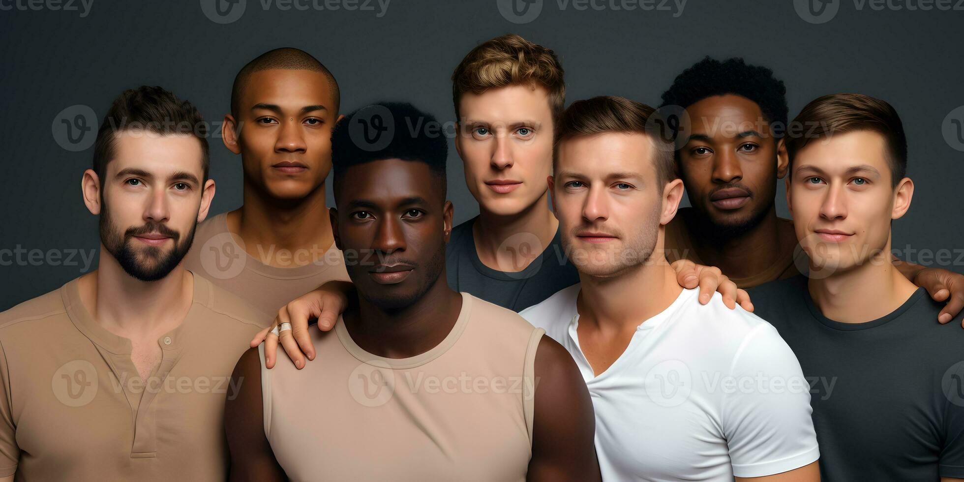 Diverse group of men standing together, multicultural male beauty, diversity concept. AI generative photo