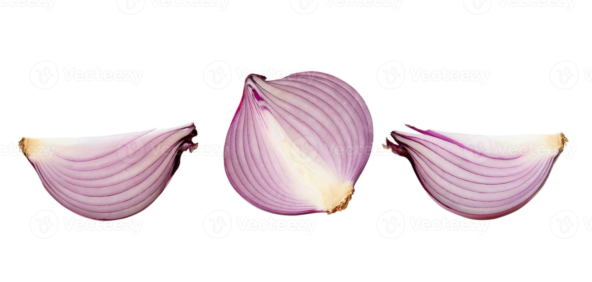 Set of fresh red onion half with slices isolated on white background with clipping path photo