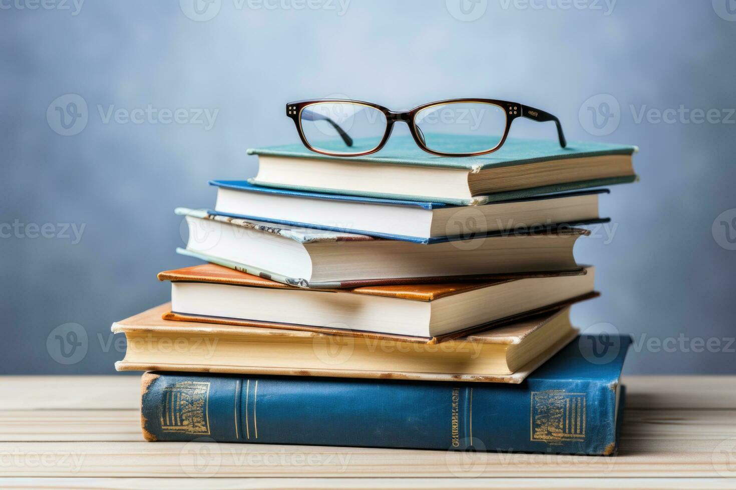 Glasses on a stack of books on table in the living room .Educational concepts and knowledge. Generated by artificial intelligence photo