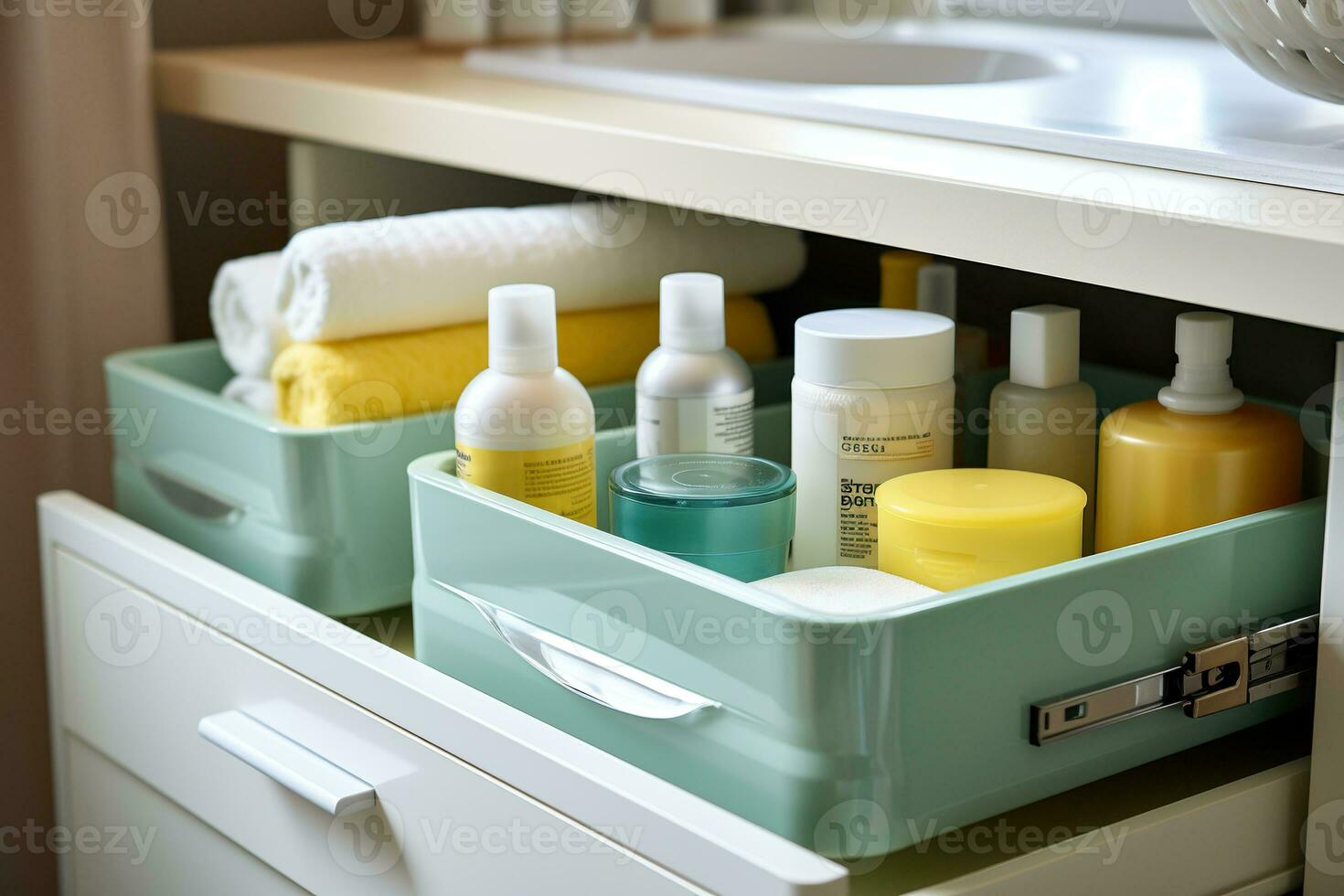 Bottles of care products in a chest of drawers in the bathroom. The concept of using a toiletry organizer to store or organize personal care items. Generated by artificial intelligence photo