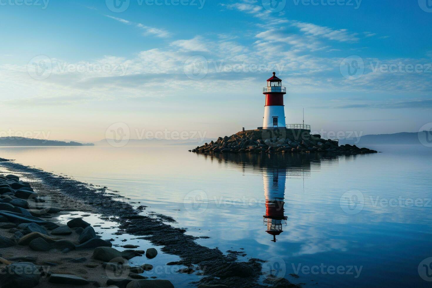 Lighthouse on the seashore, beautiful landscape. Seascape, signal building on the seashore. Coastal landscape with a lighthouse. Generated by artificial intelligence photo