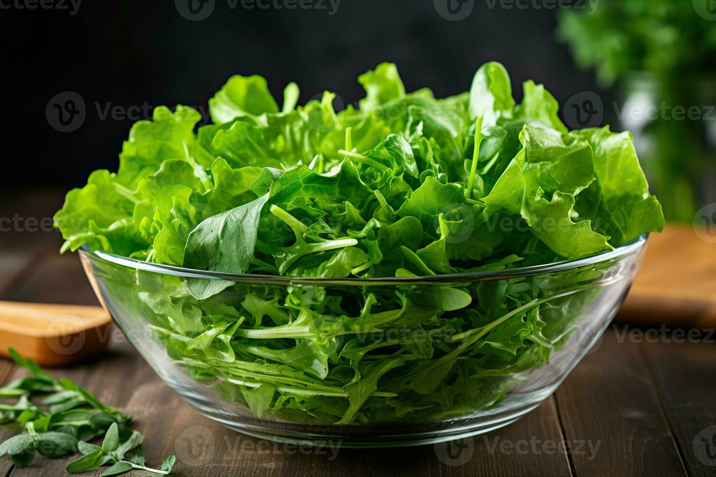Fresh arugula in a glass salad bowl on the table. Healthy food concept. Generated by artificial intelligence photo