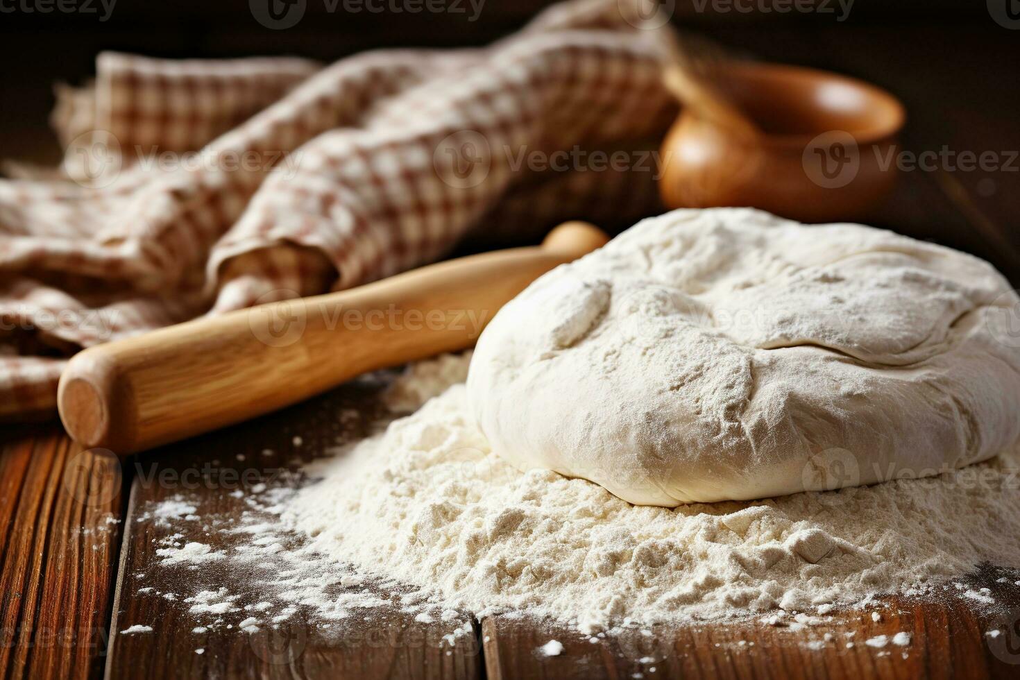 Making homemade bread. Dough, flour and rolling pin on the table. Generated by artificial intelligence photo