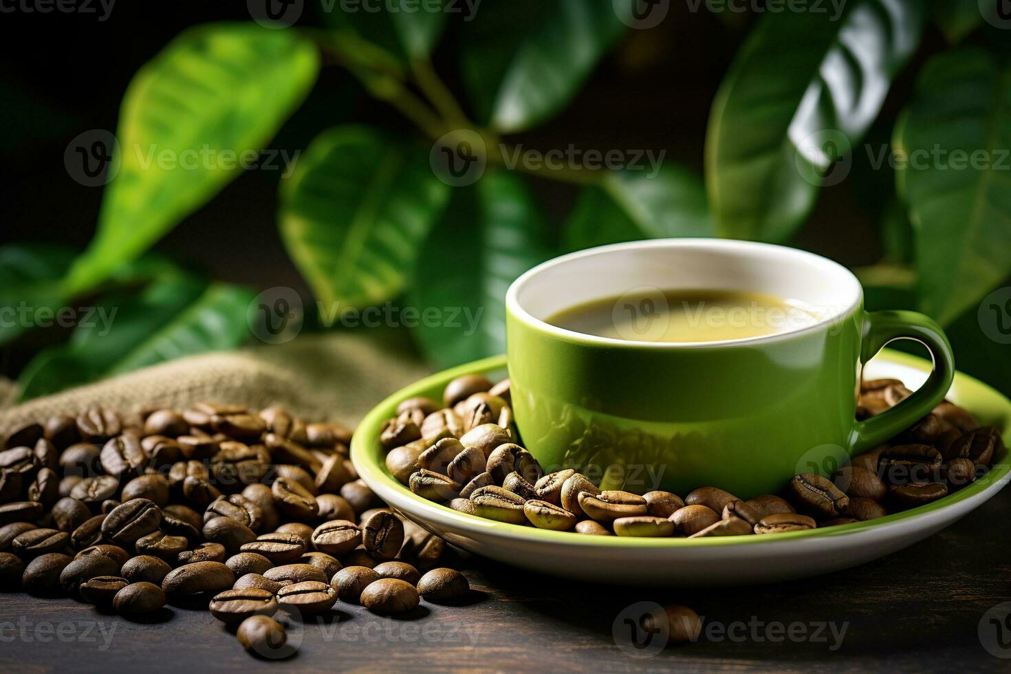 A cup of green coffee with a saucer on a wooden table with coffee beans. Generated by artificial intelligence photo