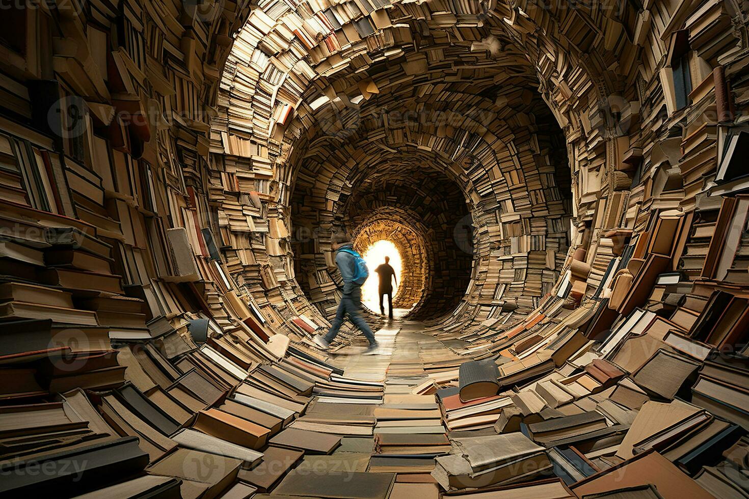 Man in a tunnel made of books. Books and knowledge concept. Generated by artificial intelligence photo