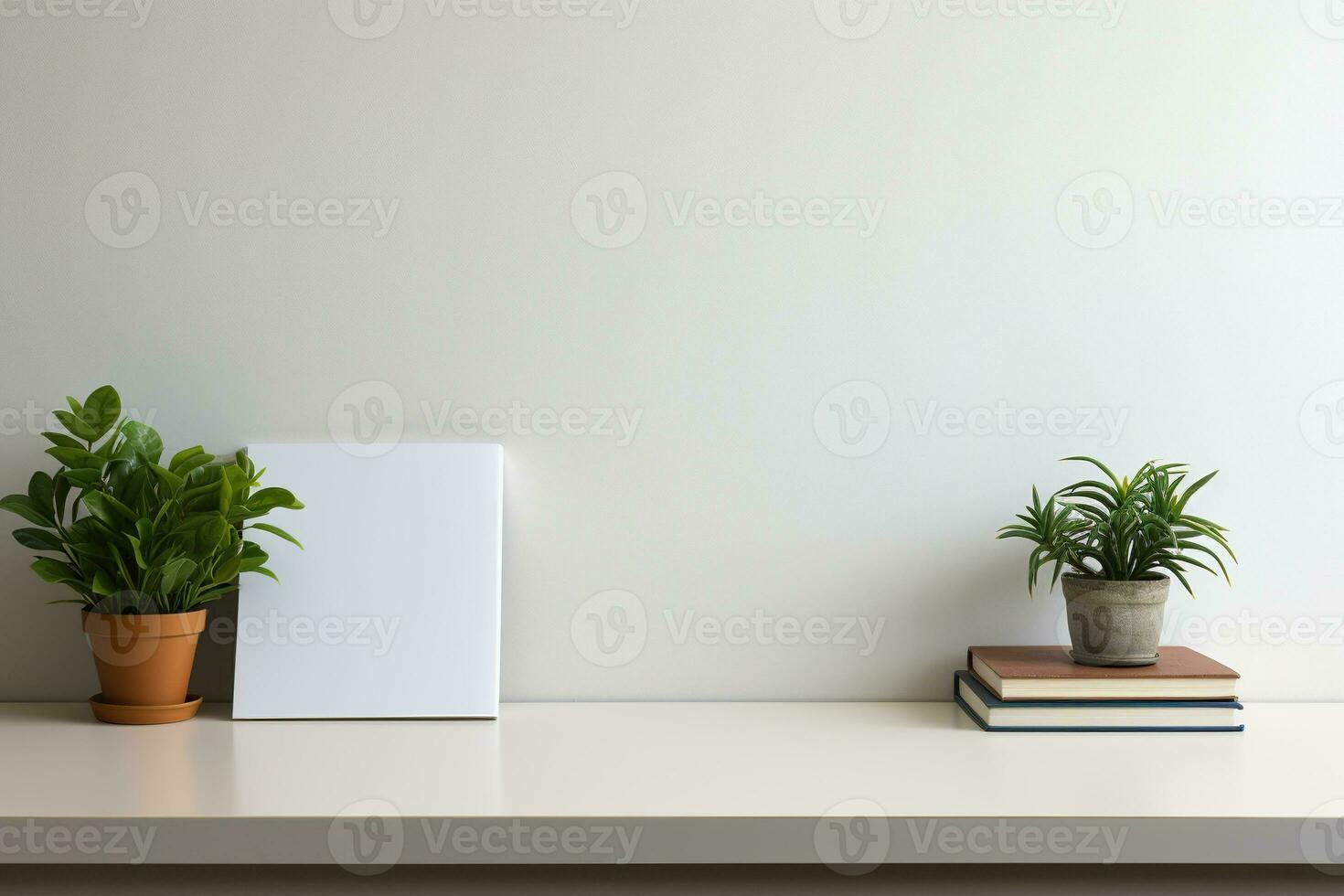 White shelf with a potted plant against a white concrete wall. Interior. Generated by artificial intelligence photo