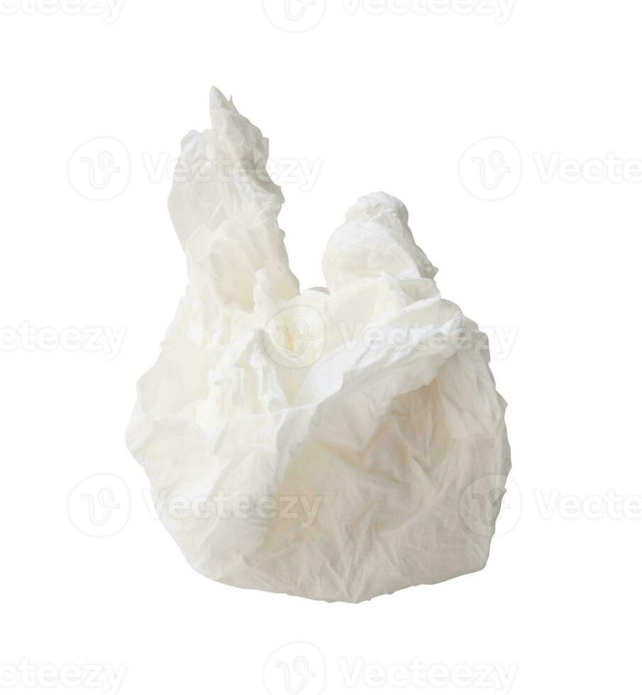 Single screwed or crumpled tissue paper or napkin in strange shape after use in toilet or restroom isolated on white background with clipping path photo
