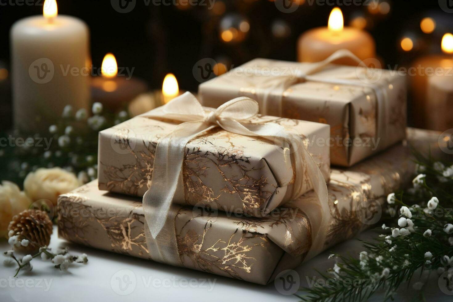 AI Generated Christmas gifts wrapped in beige gold paper and candles on background. Copy space. High quality photo