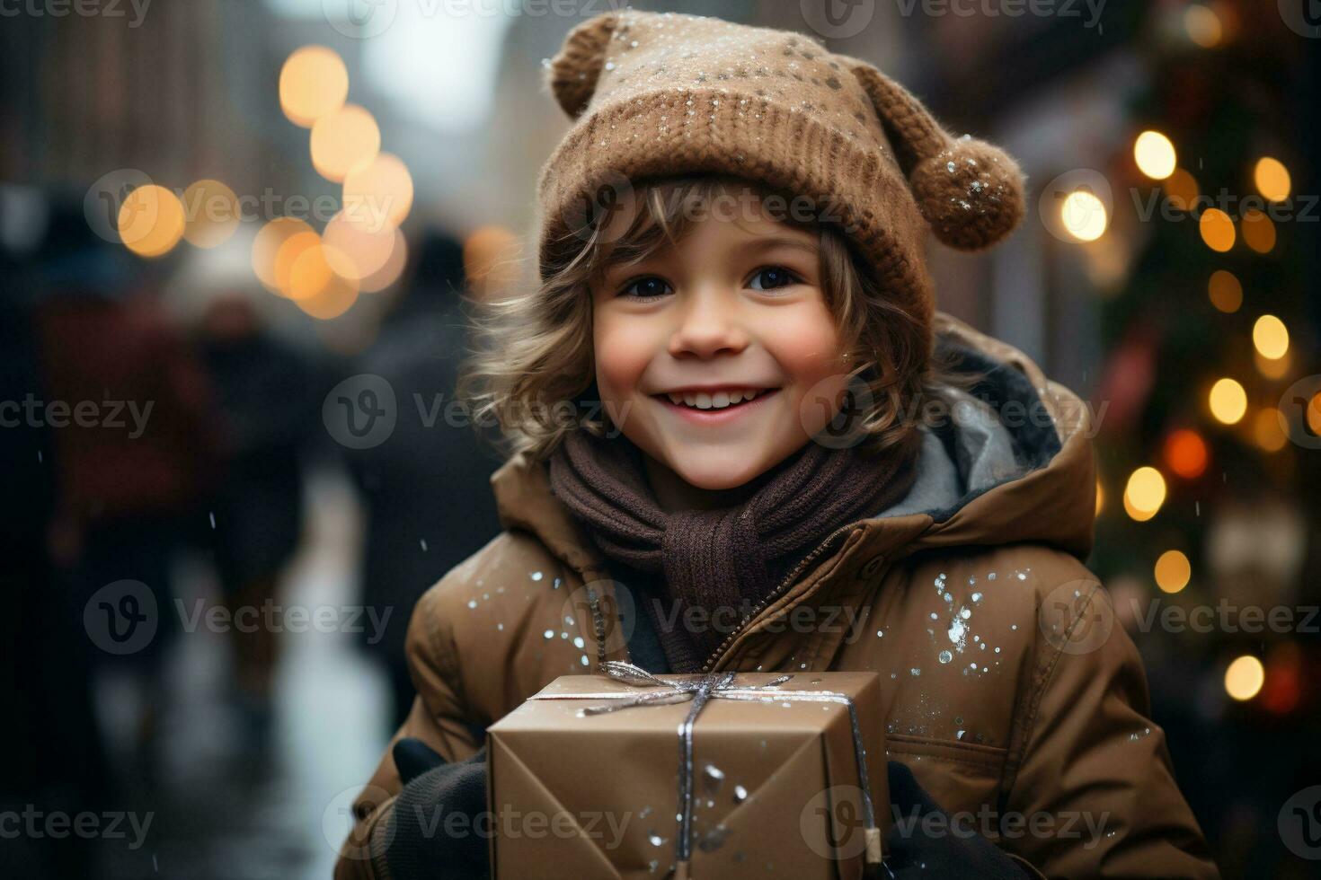 ai generado contento niños en el calle con Navidad regalos en su manos. regalos para caridad y superar a. Copiar espacio. alto calidad foto