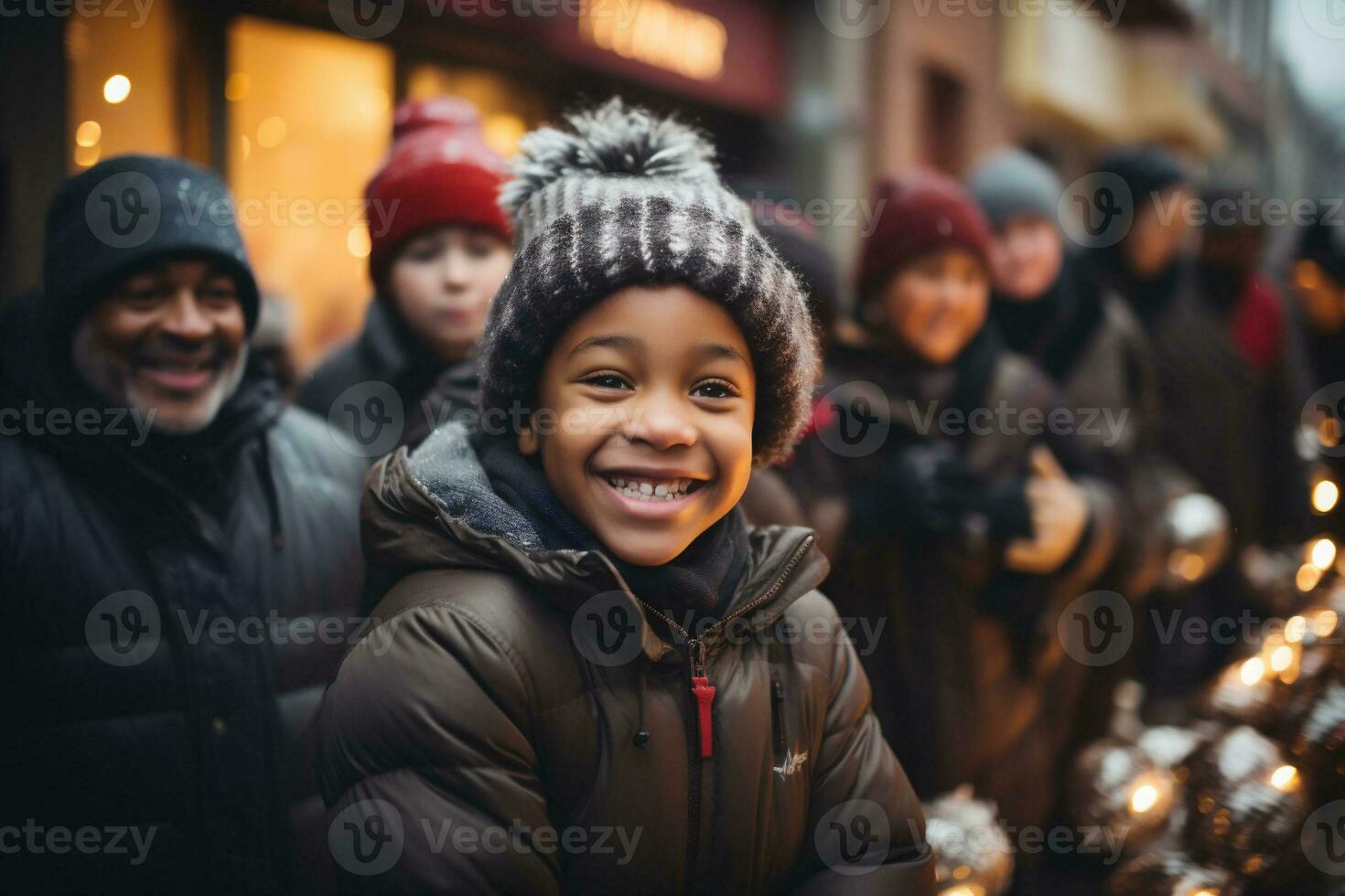 ai generado contento niños en el calle con Navidad regalos en su manos. regalos para caridad y superar a. Copiar espacio. alto calidad foto