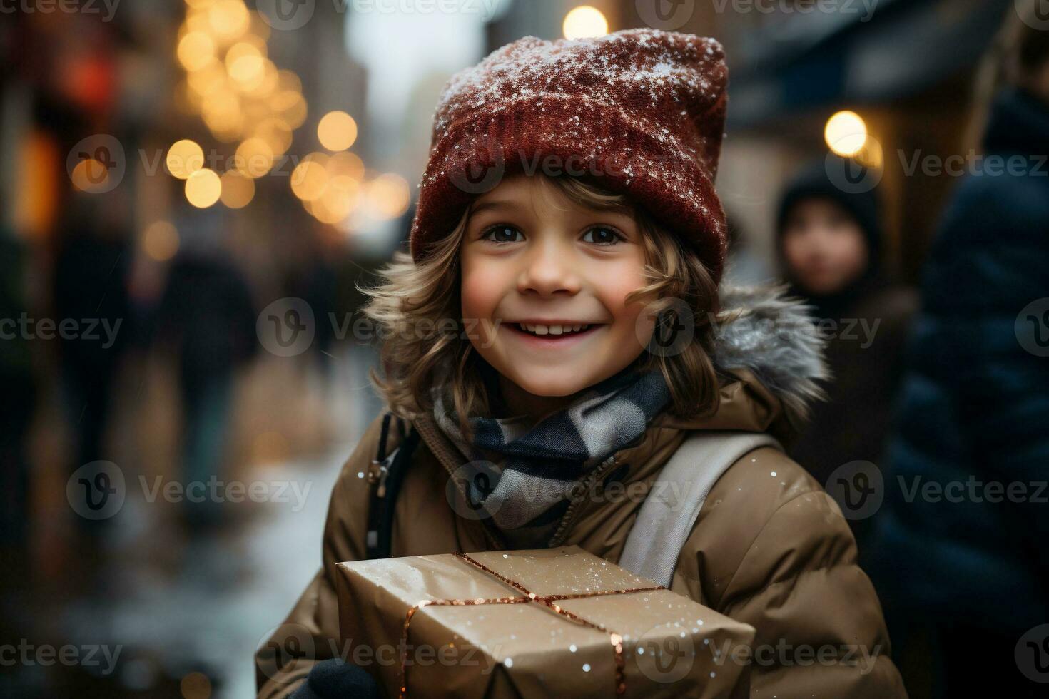 ai generado contento niños en el calle con Navidad regalos en su manos. regalos para caridad y superar a. Copiar espacio. alto calidad foto