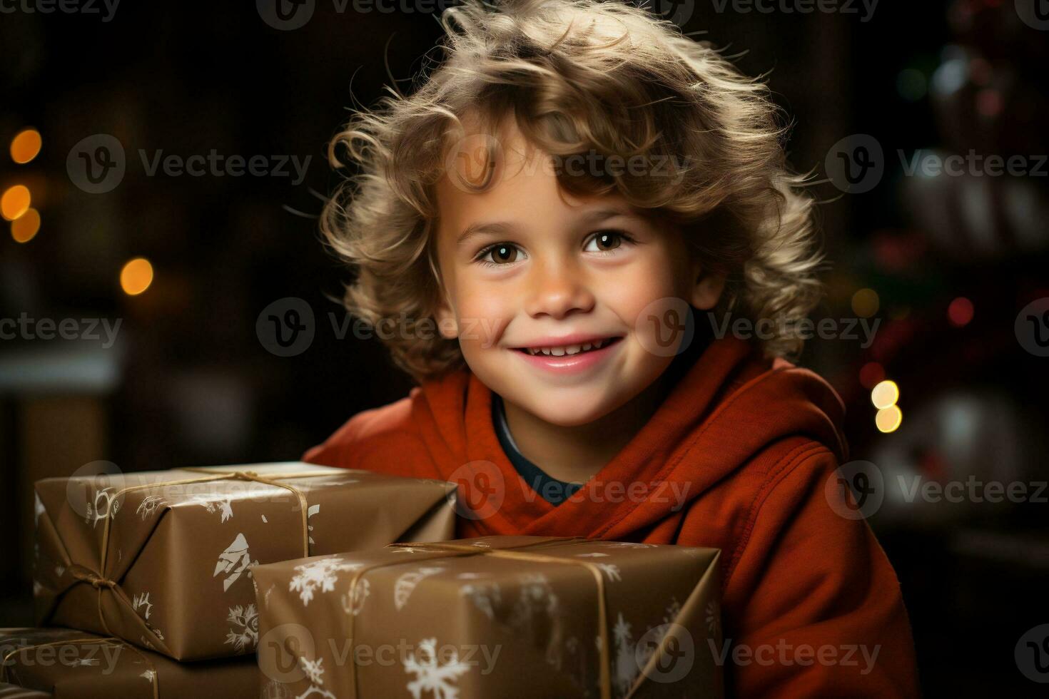 AI Generated Happy children on the street with Christmas presents in their hands. Gifts for charity and outreach. Copy space. High quality photo