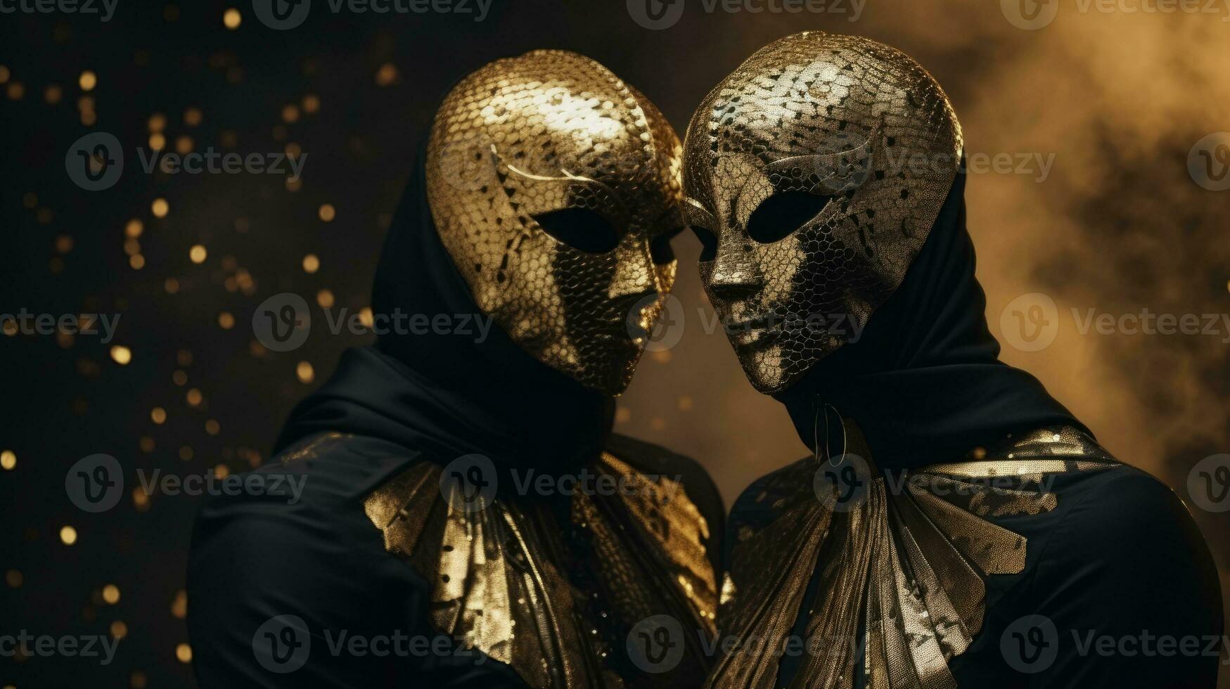 Golden theatrical masks. Abstract costume for futuristic productions. AI Generative photo