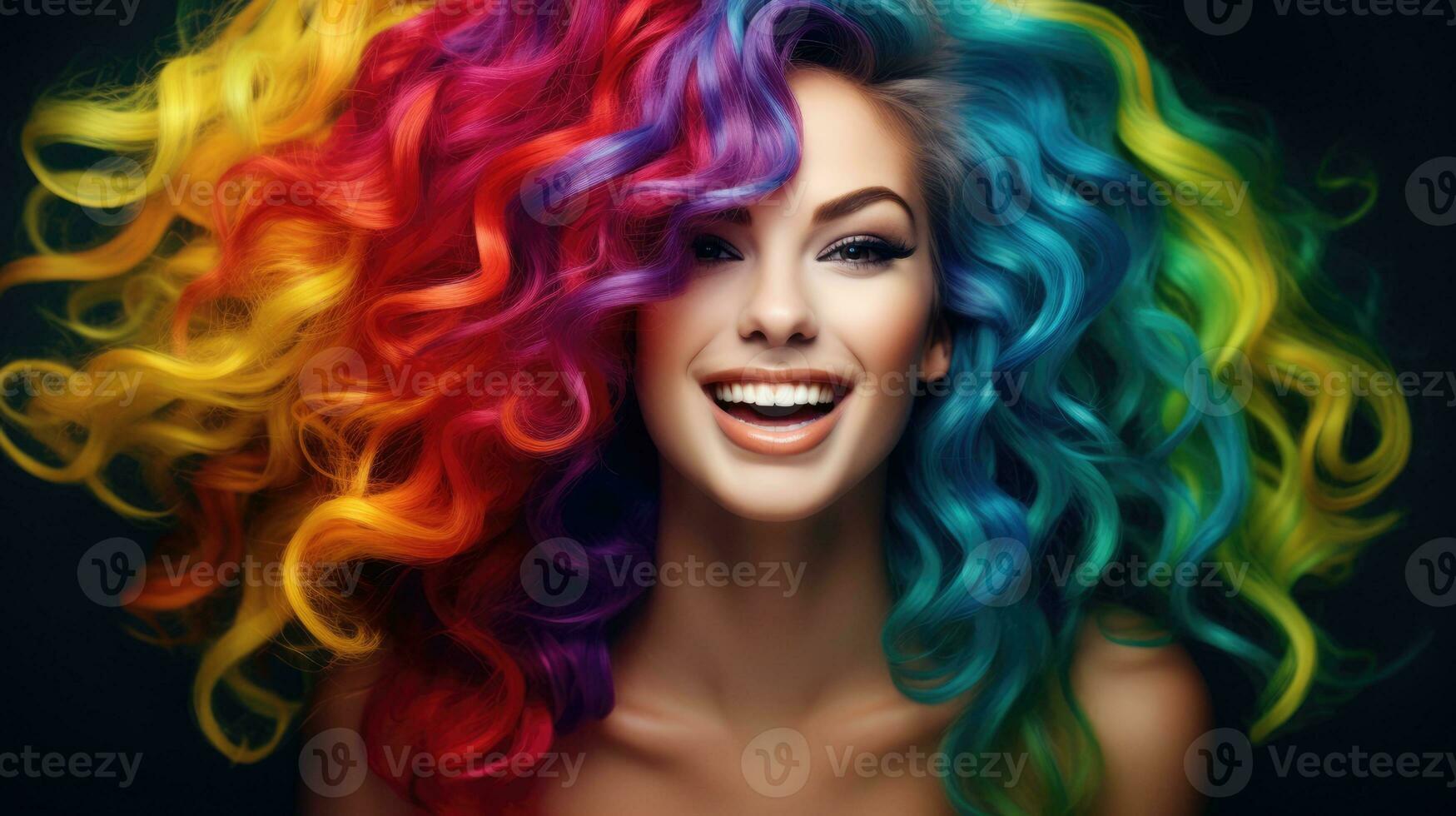 Beautiful woman with multi-colored rainbow hair and creative hairstyle. AI Generative photo
