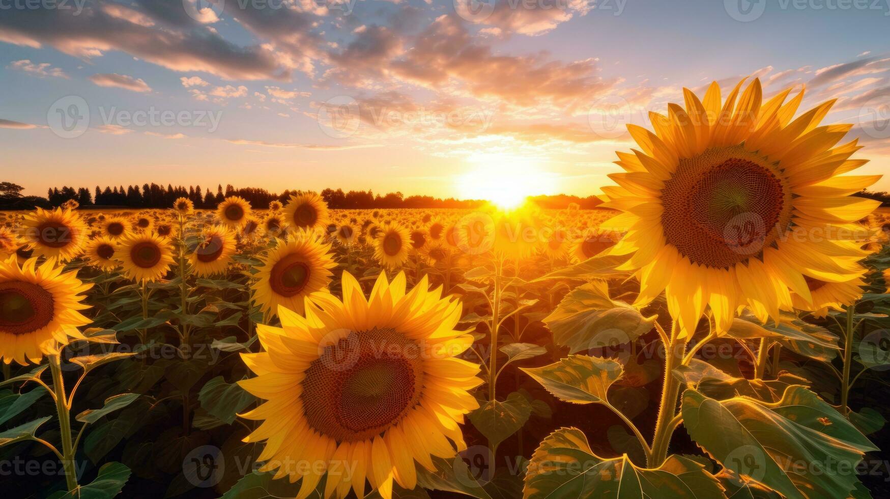 Beautiful panoramic view of field of sunflowers in the light of the setting sun. AI Generative photo