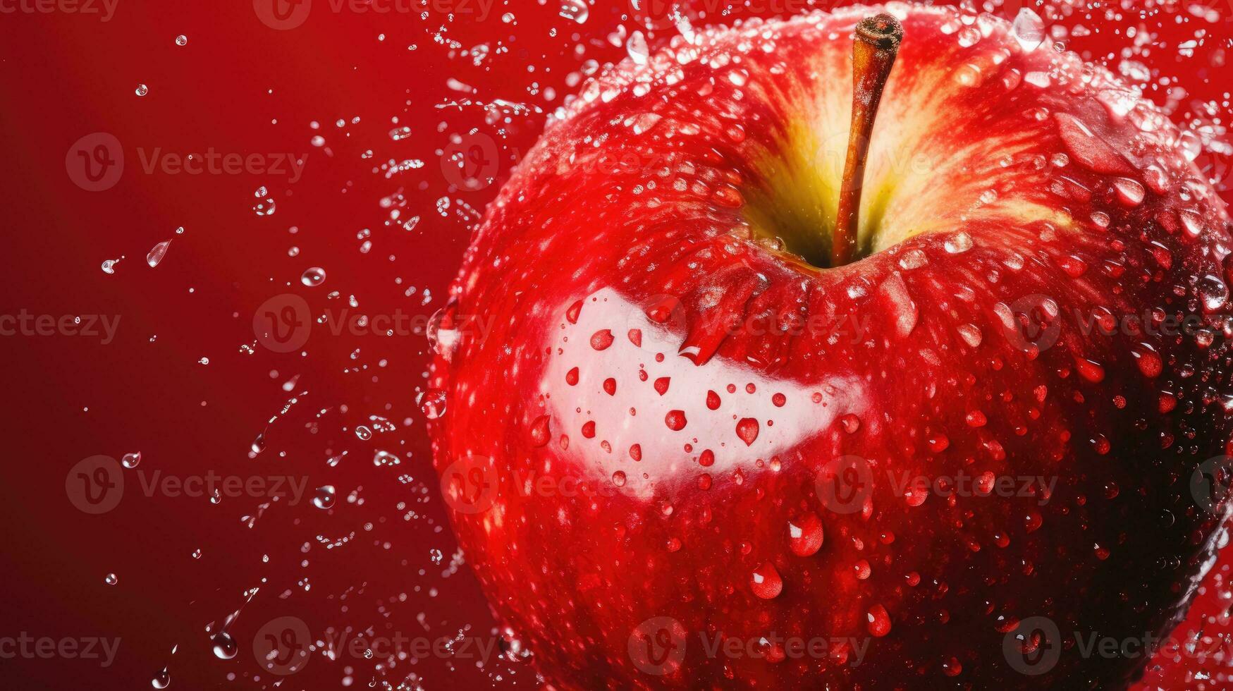 Red juicy healthy apple on red banner. AI Generative Eat a Red Apple Day banner photo