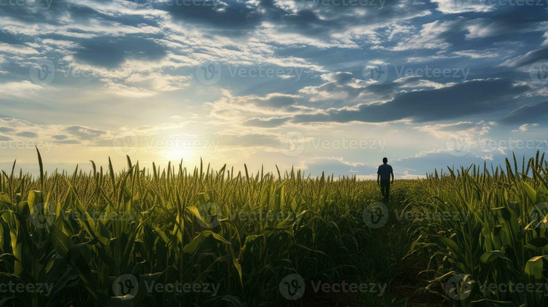 Farmer standing in his cornfield at sunset. Corn field in sunlight AI Generative photo