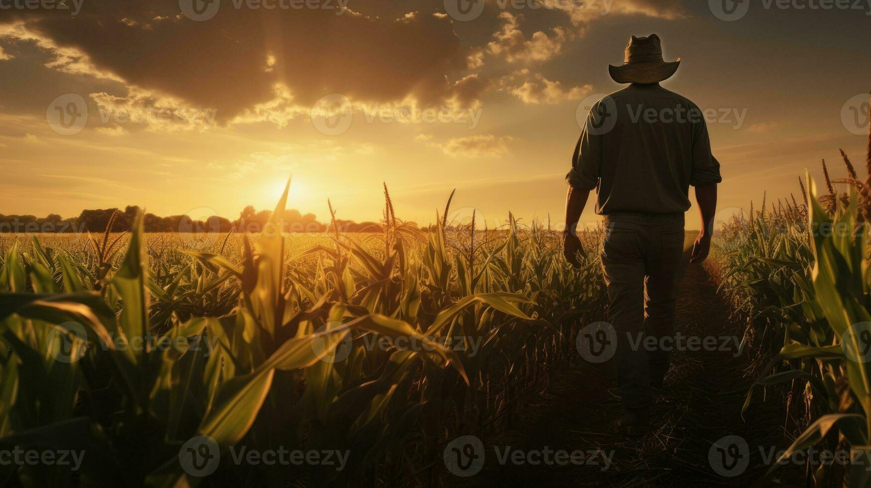 AI Generative Farmer standing in his cornfield at sunset. Corn field in sunlight photo