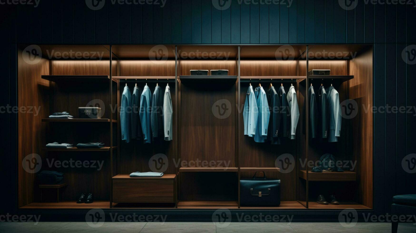 Modern dressing room for men. Modern wardrobe with stylish clothes AI Generative photo