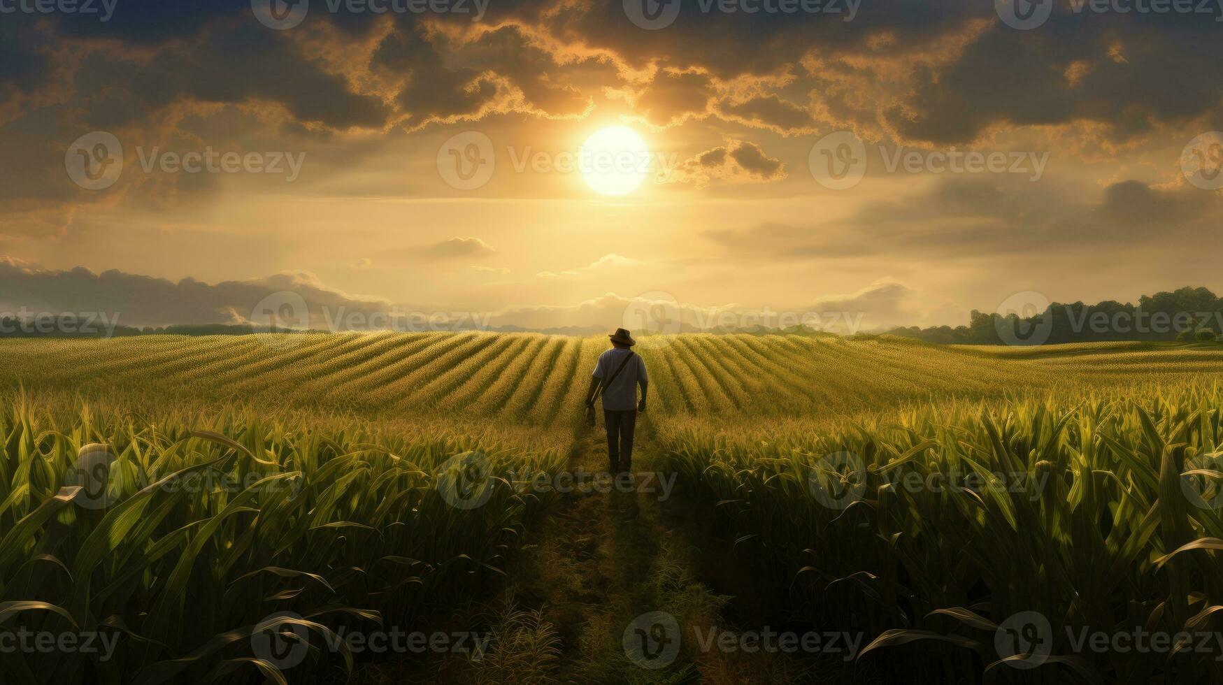 AI Generative Farmer standing in his cornfield at sunset. Corn field in sunlight photo