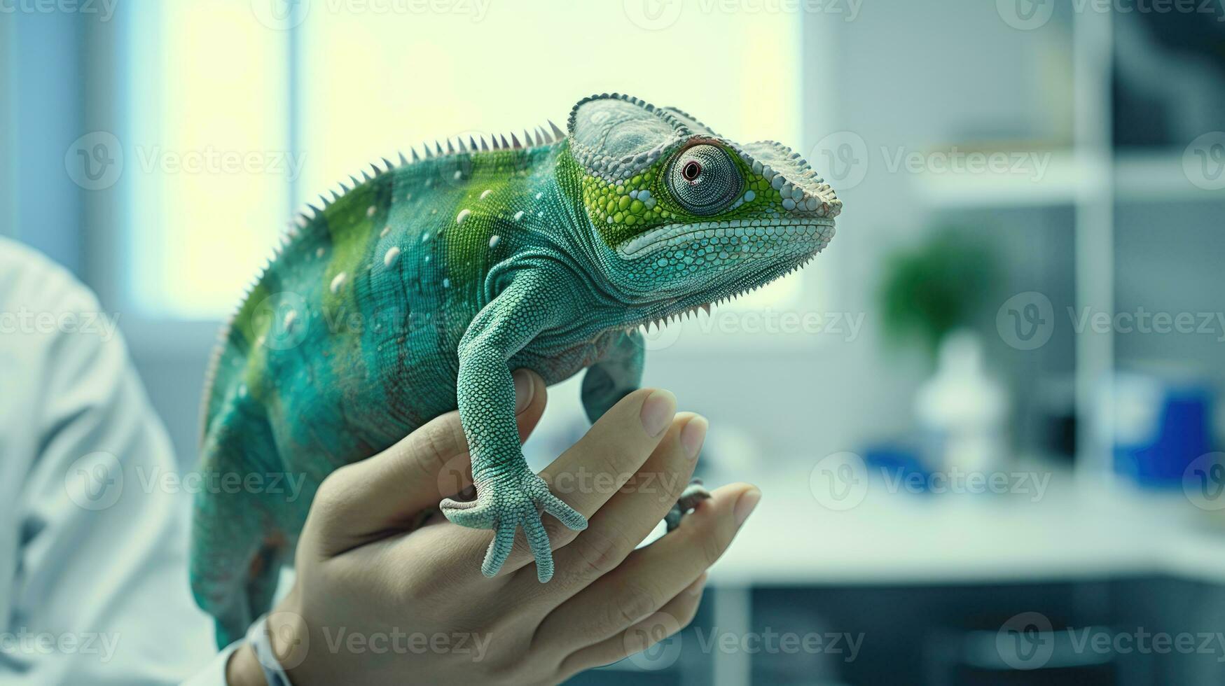 Veterinary clinic for exotic animals. Chameleon in the hands of a veterinarian. AI Generative photo